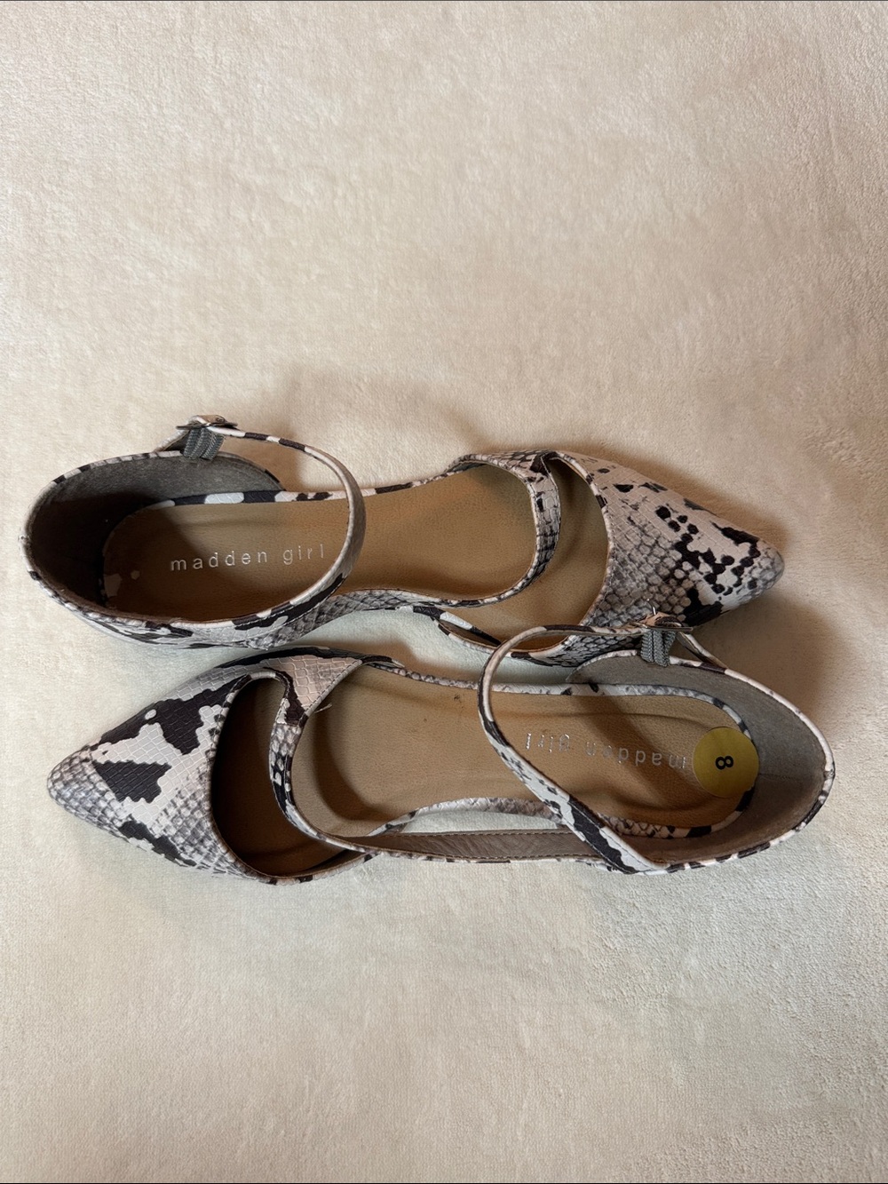 Madden Girl Pointed Toe Snake-Print Flats in Black, Gray & Cream